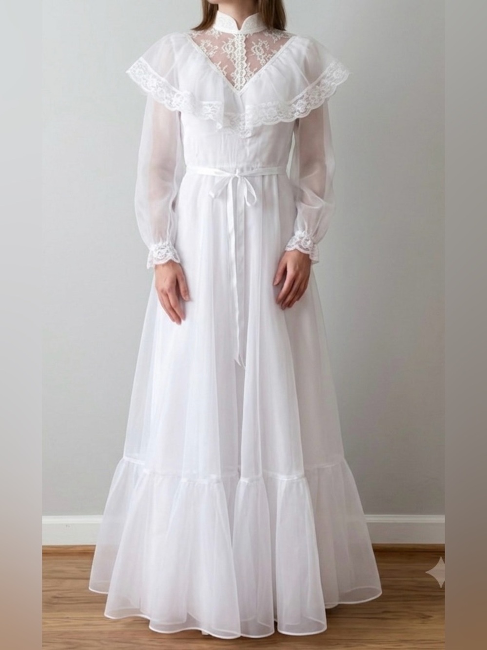 Vintage 70s 80s Prairie Wedding Dress Victorian High Neck Sheer Lace Sheer Sleev